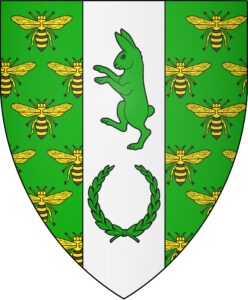 Vert semy of bees Or marked sable, on a pale argent in pale a coney rampant and a laurel wreath vert